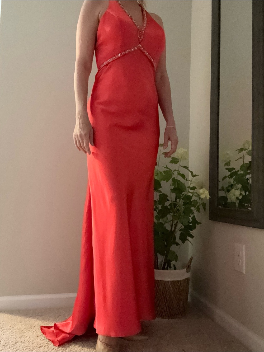 Red Beaded V-Neck Evening Gown